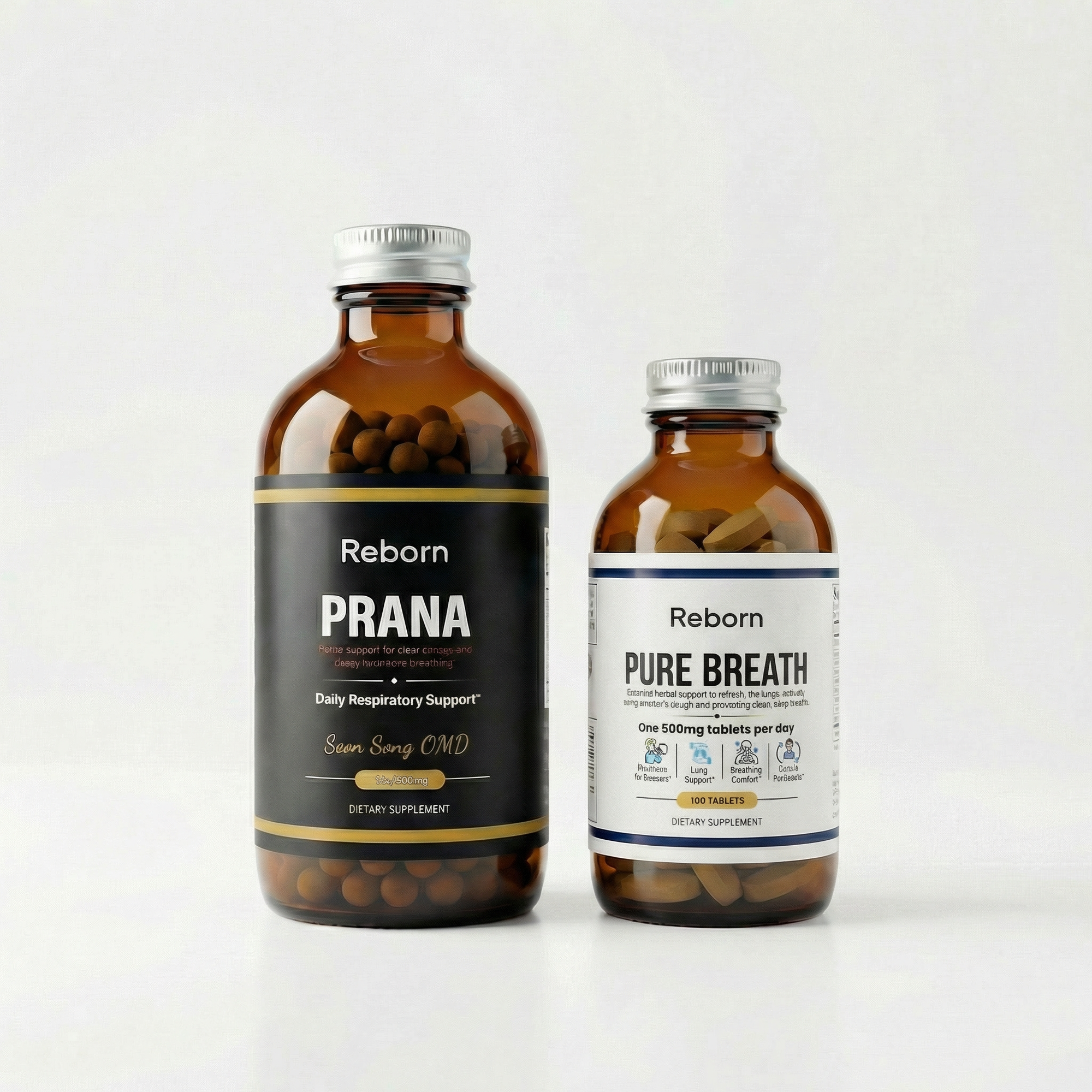 Two bottles of Reborn Prana and Reborn Pure Breath on a white background