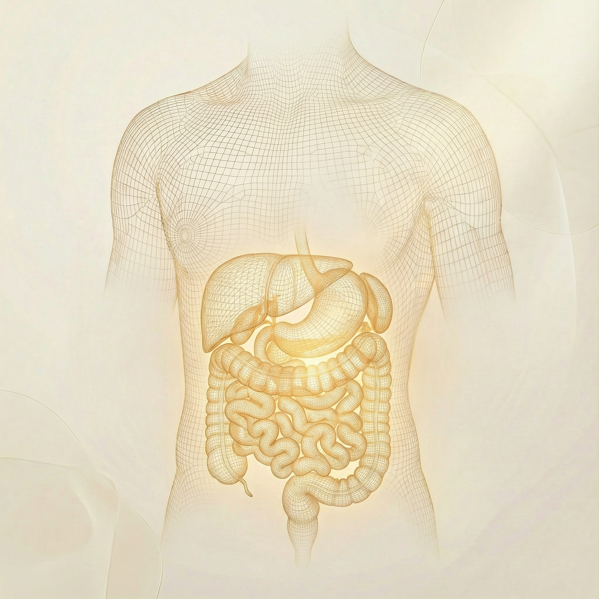 Medical graphic of a calm, glowing human digestive system representing the instant relief from bloating and stomach discomfort provided by Dr. Sean Digestonic.