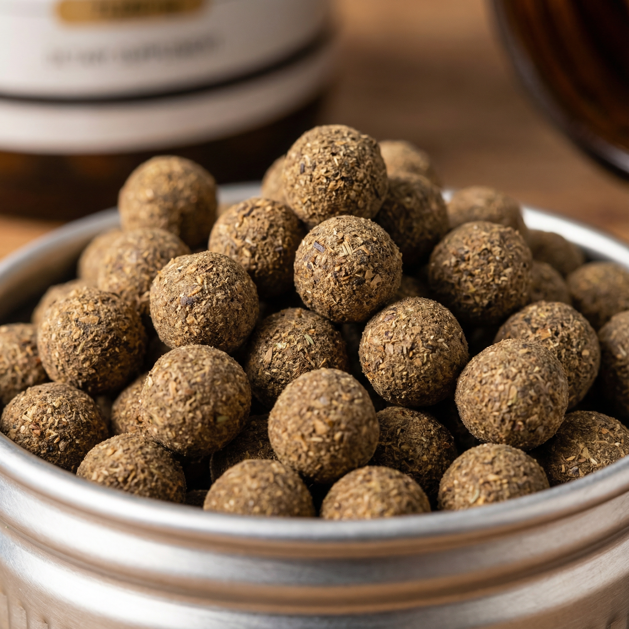 Close-up macro shot of Dr. Sean Digestonic herbal pearls showing natural texture of Crataegus and Barley Sprout for rapid digestion and bloating relief.